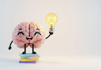 Cute Brain Character with Light Bulb Idea Concept on White Background