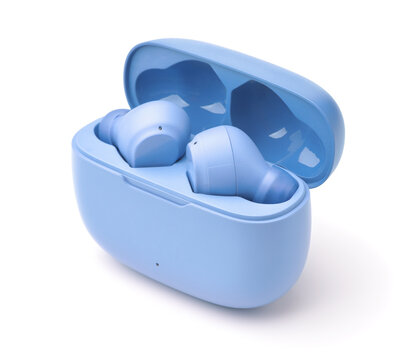 Pair of blue true wireless earbuds in charging case