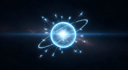 Fototapeta premium Glowing blue atom with orbiting electrons on dark background