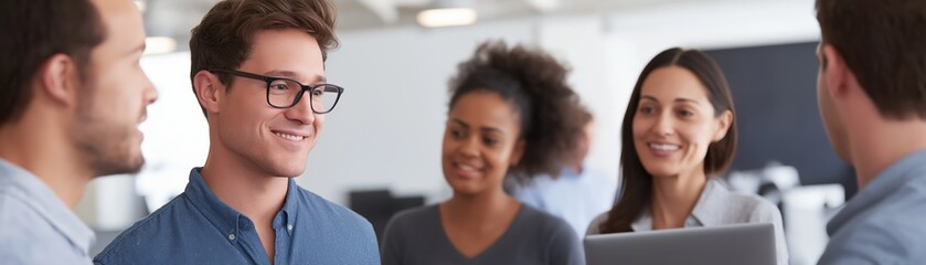 Collaborative colleague meeting at office space group discussion engaging environment