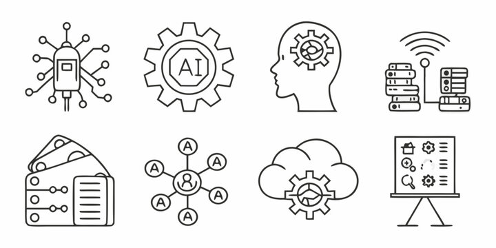 Set of icons representing artificial intelligence, machine learning, data science, and technology concepts