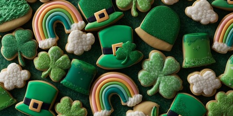 Flat lay of festive cookies shaped like leprechaun hats, rainbows, and shamrocks, decorated with green royal icing. Playful Saint Patricks Day baking scene full of cheerful detail.
