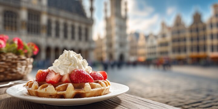 Belgian waffle topped with strawberries and whipped cream on cafe table, blurred view of cobblestone square and Gothic architecture behind. Sweet European cafe moment, rich with local charm.