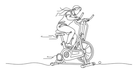 Naklejka premium Line art of young asian female exercising on stationary bicycle. Non editable stroke