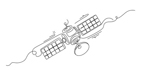 Fototapeta na wymiar Single line art of space satellite with solar panels. Non editable stroke