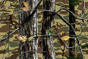 Realistic brown oak tree camouflage with branches and twigs. Ideal for hunting clothes, army uniforms, and outdoor fabric designs