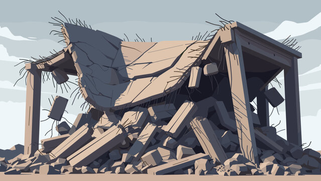 Low Poly Stylized illustration of a collapsed concrete building with exposed rebar and debris