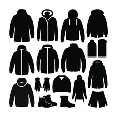 Silhouettes of various black winter clothes and apparel set collection including jackets coats sweaters boots hats scarves and gloves on white background