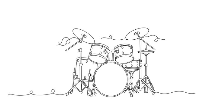 Minimalist line art of a drum set with microphones in black and white. Non editable stroke