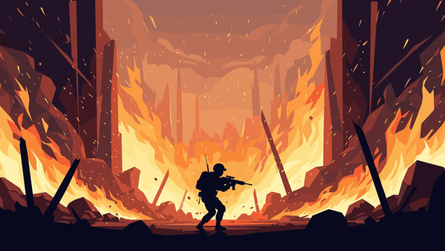 Low Poly Silhouette of a soldier with a rifle amidst a burning city landscape