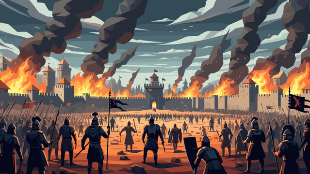 Low Poly Epic medieval battle scene with armies clashing before a burning castle under a dramatic sky
