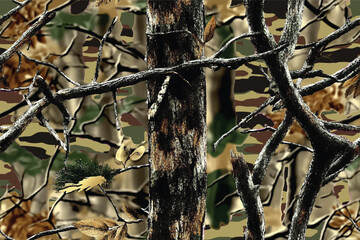 Realistic brown oak tree camouflage with branches and twigs. Ideal for hunting clothes, army uniforms, and outdoor fabric designs