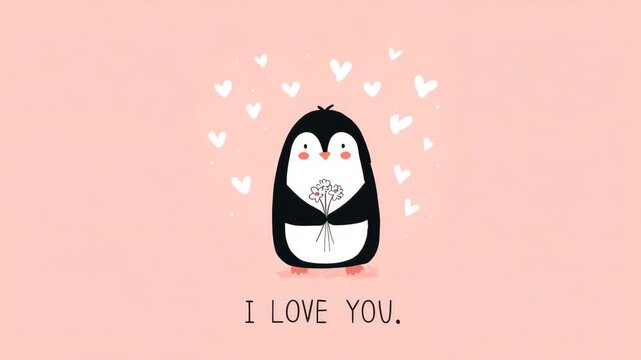 cute little penguin with flower and I love you message illustrated animation