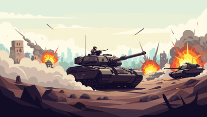 Fototapeta premium Low Poly Military tanks engage in combat amidst explosions and smoke in a war-torn city landscape