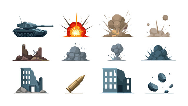 Low Poly Collection of cartoon-style war and explosion elements with a tank and destroyed buildings