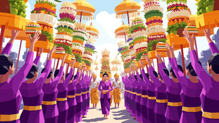 Low Poly Balinese procession with offerings and traditional attire, a vibrant cultural celebration