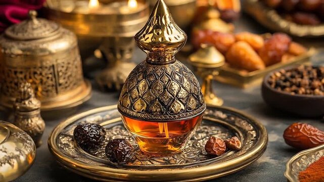 Elegant Still Life: Middle Eastern Perfume, Dates, Spices, and Golden Vessels for Ramadan or Eid Celebrations