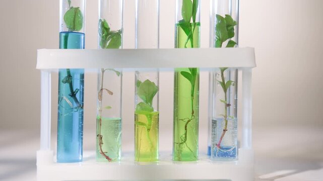 Test tubes with biomaterial plant sprouts with roots in research laboratory for development of biomedical solutions close-up