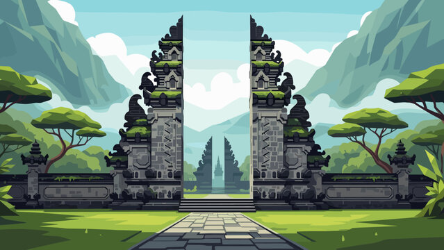 Low Poly Iconic Balinese Candi Bentar Gate Entrance to a Tropical Landscape