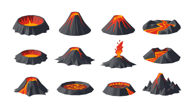 Low Poly Collection of stylized volcanoes with lava and eruptions, flat design elements