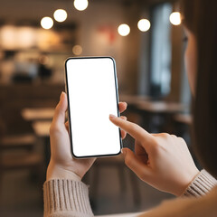 Woman touching smartphone with blank screen inside cozy cafe environment