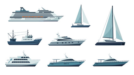 Low Poly Collection of various watercraft including cruise ship, yachts, sailboats, and fishing boat