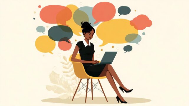 business woman work online in support service and talking to customers illustrated animation