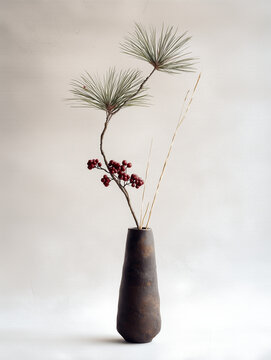 Minimalist Winter Japanese Ikebana with Pine Branch and Red Berries