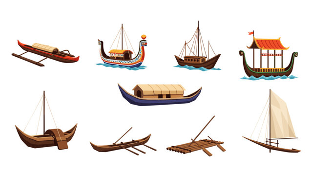 Low Poly Collection of diverse traditional watercraft from various cultures and eras