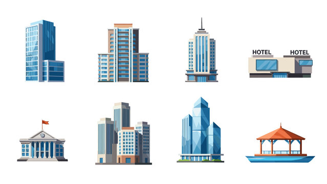 Low Poly Collection of diverse cartoon buildings and structures on a white background