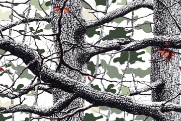 print of tree branches and leaves, seamless pattern, by David Shunz , white background, hyper realistic oil painting