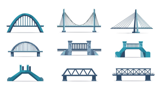 Low Poly Collection of nine different bridge types in a flat, modern illustration style