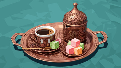 Low Poly Traditional Turkish coffee and lokum served on a decorative copper tray