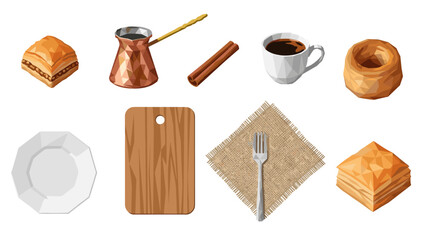 Low Poly Collection of Middle Eastern sweets, coffee, and serving items in a low-poly style