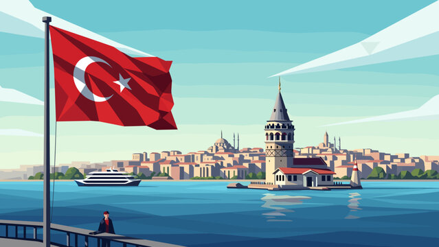 Scenic istanbul view featuring the famous maiden's tower and turkish flag in a vibrant geometric style
