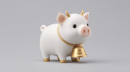 Cute piggy bank with gold bell and horns, symbolizing savings, financial growth, and prosperity in a minimalist design