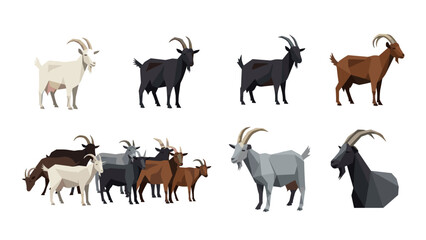 Fototapeta premium Collection of polygonal goats in various colors and poses, isolated on white background