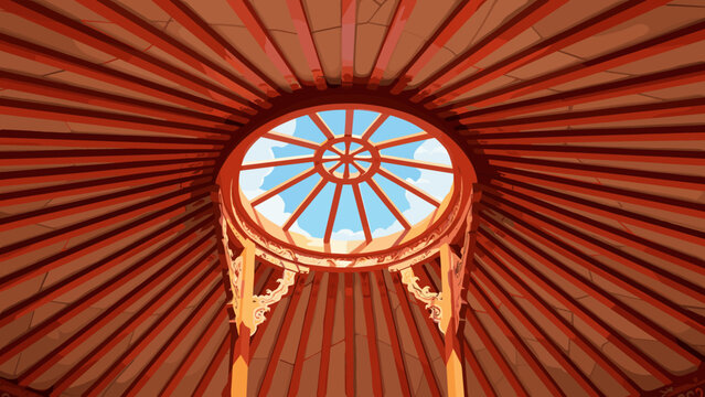 View from inside a traditional yurt looking up at the circular roof opening and sky