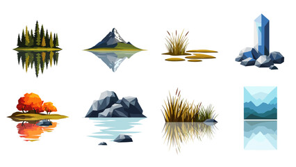 Obraz premium Geometric nature set: mountains, lakes, plants, crystals in low poly style