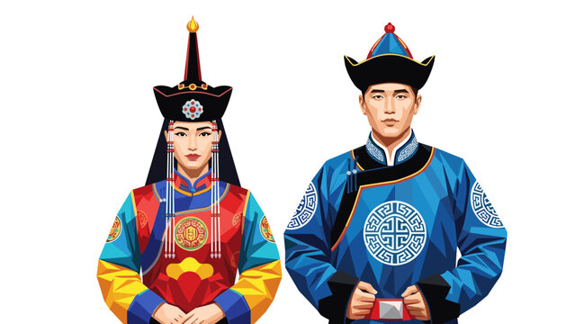 Mongolian couple in traditional attire, a man and woman dressed in colorful deels