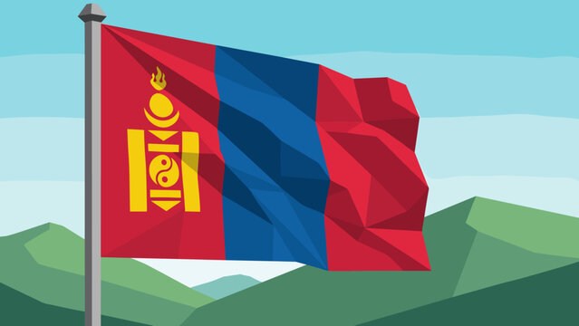 The national flag of Mongolia waving proudly against a backdrop of rolling green hills and blue sky