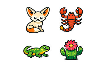 Fototapeta premium Four colorful cartoon animals and a flower displayed on a white background showing simple shapes and bright colors, appealing to children and adults alike