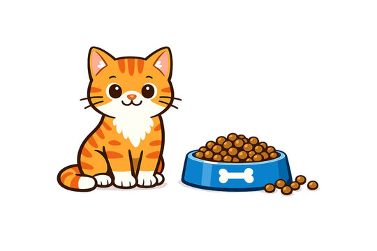 Cute orange cat sits next to its food bowl filled with kibbles and a few scattered kibbles on a white background