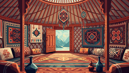 Fototapeta premium Interior of a traditional yurt decorated with colorful ethnic textiles and mountain view