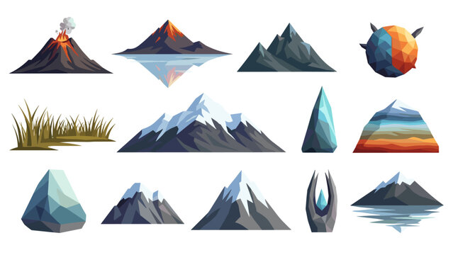 Geometric mountain and volcano designs with low poly style and unique color variations