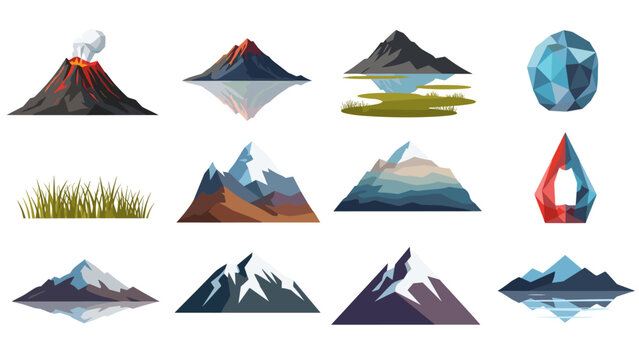 Collection of stylized mountain and volcano illustrations with natural elements and geometric shapes