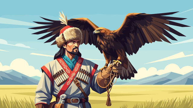 Mongolian eagle hunter with bird of prey in traditional attire on a vast steppe landscape