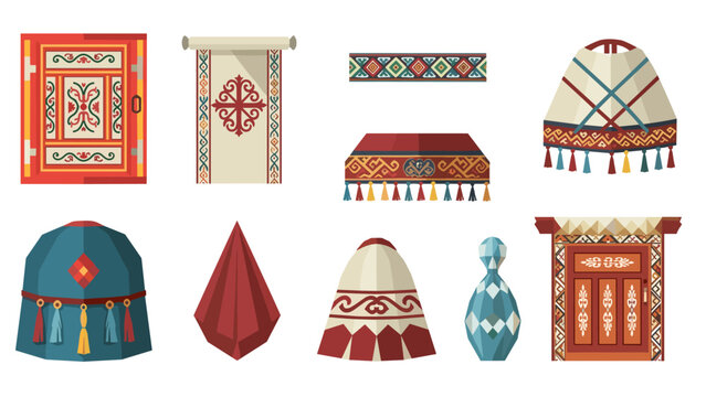 Collection of traditional nomadic yurt elements and decorative items with ethnic patterns