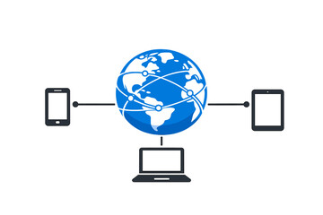 Global network connects devices such as laptops, smartphones, and tablets in a visual representation of the internet and communication systems linking different locations