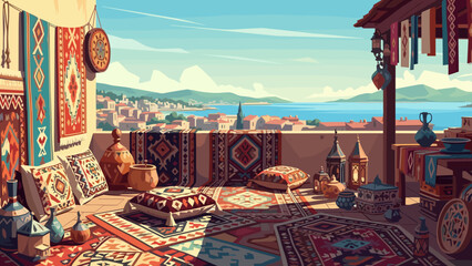 Naklejka premium Balcony with traditional carpets and sea view in a Mediterranean town